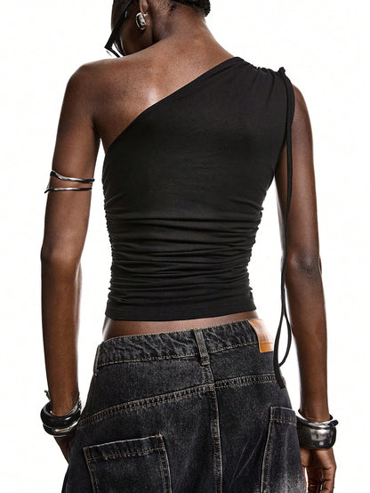 LYSMO 2026 New Arrive Minimalism Spring/Summer Women's Y2K Hip Hop Sexy Ruched Keyhole Design Sleeveless Fitted Fashionable Crop Top Night Club Black