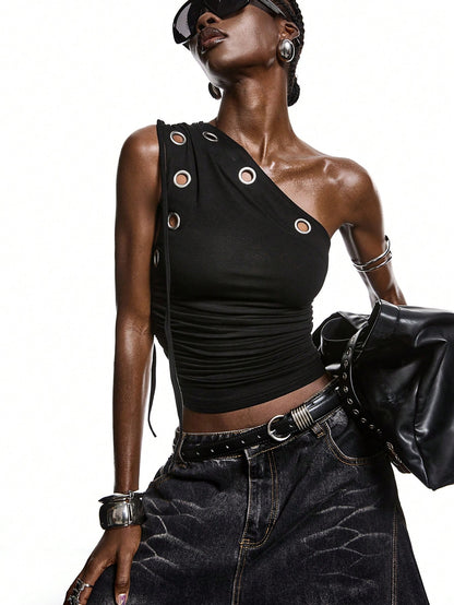 LYSMO 2026 New Arrive Minimalism Spring/Summer Women's Y2K Hip Hop Sexy Ruched Keyhole Design Sleeveless Fitted Fashionable Crop Top Night Club Black