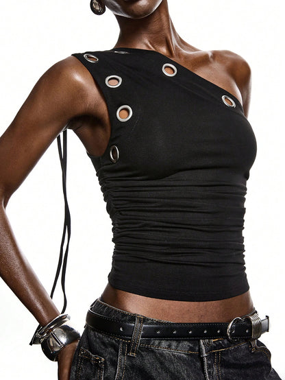 LYSMO 2026 New Arrive Minimalism Spring/Summer Women's Y2K Hip Hop Sexy Ruched Keyhole Design Sleeveless Fitted Fashionable Crop Top Night Club Black