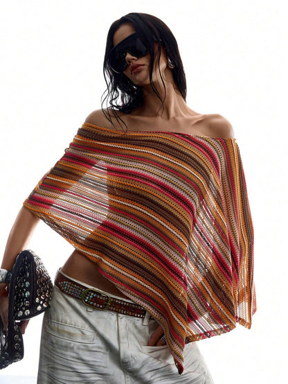 LYSMO Women's Off-Shoulder Loose Striped Vintage Hollow-Out Blouse, Fashionable For Summer