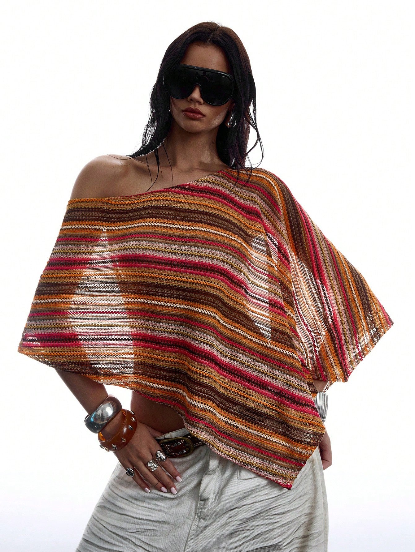 LYSMO Women's Off-Shoulder Loose Striped Vintage Hollow-Out Blouse, Fashionable For Summer