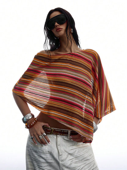 LYSMO Women's Off-Shoulder Loose Striped Vintage Hollow-Out Blouse, Fashionable For Summer