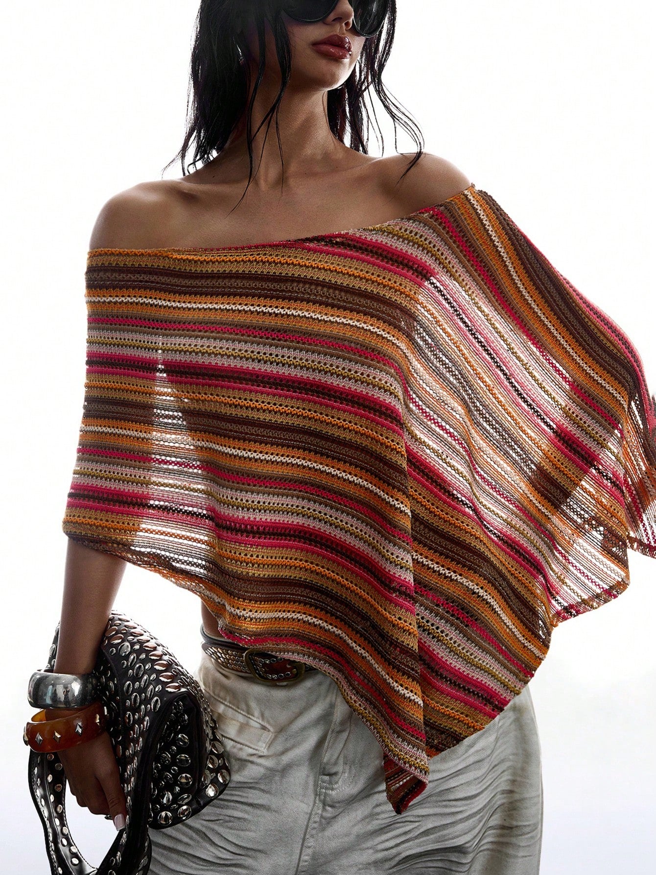 LYSMO Women's Off-Shoulder Loose Striped Vintage Hollow-Out Blouse, Fashionable For Summer