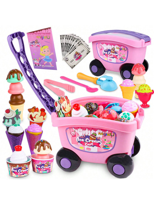 Magic4U Ice Cream Cart,48 Piece Pretend Play Set For Kids,Ages 3-6,Includes Scooper,Toppings,Cups & Cones,Great Gift For Girls & Boys