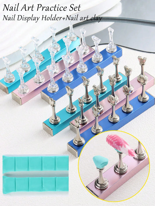 Magnetic Chess Piece Nail Display Holder, Multicolor Aluminum Acrylic Base Nail Practice Stand, Metal Crystal Nail Tip Holders With Fixing Clay, Professional Manicure Tool For Nail Art Training, Press