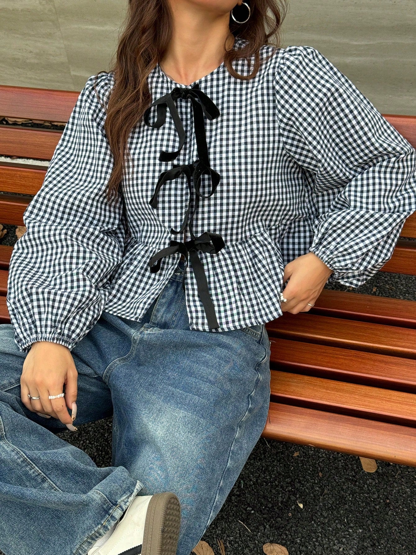 MainGRL 2025 New Arrival Autumn Women's Western Cute Cowgirl Hippie Vintage Round Neck Blouse Everyday Date Black And White Checkered