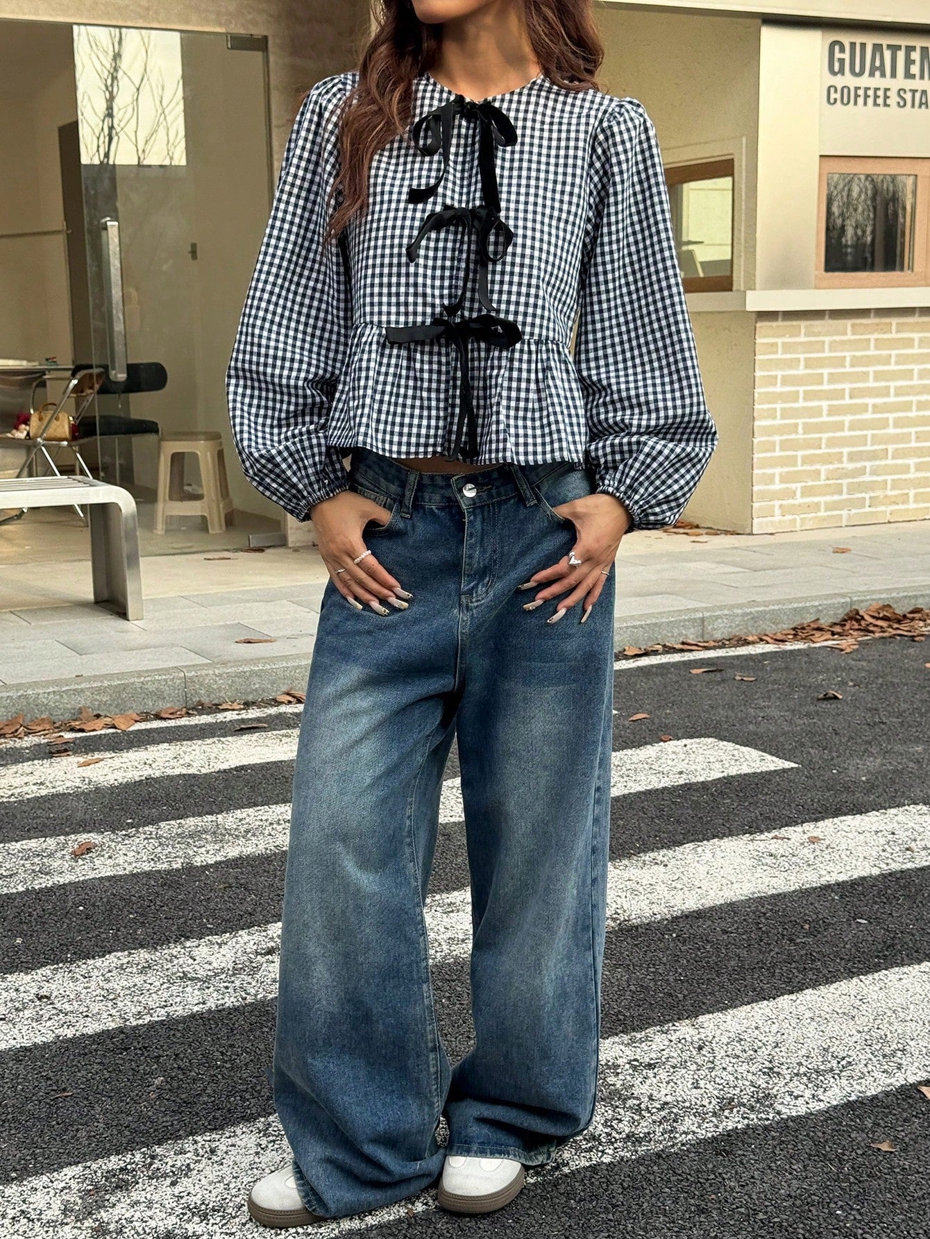 MainGRL 2025 New Arrival Autumn Women's Western Cute Cowgirl Hippie Vintage Round Neck Blouse Everyday Date Black And White Checkered