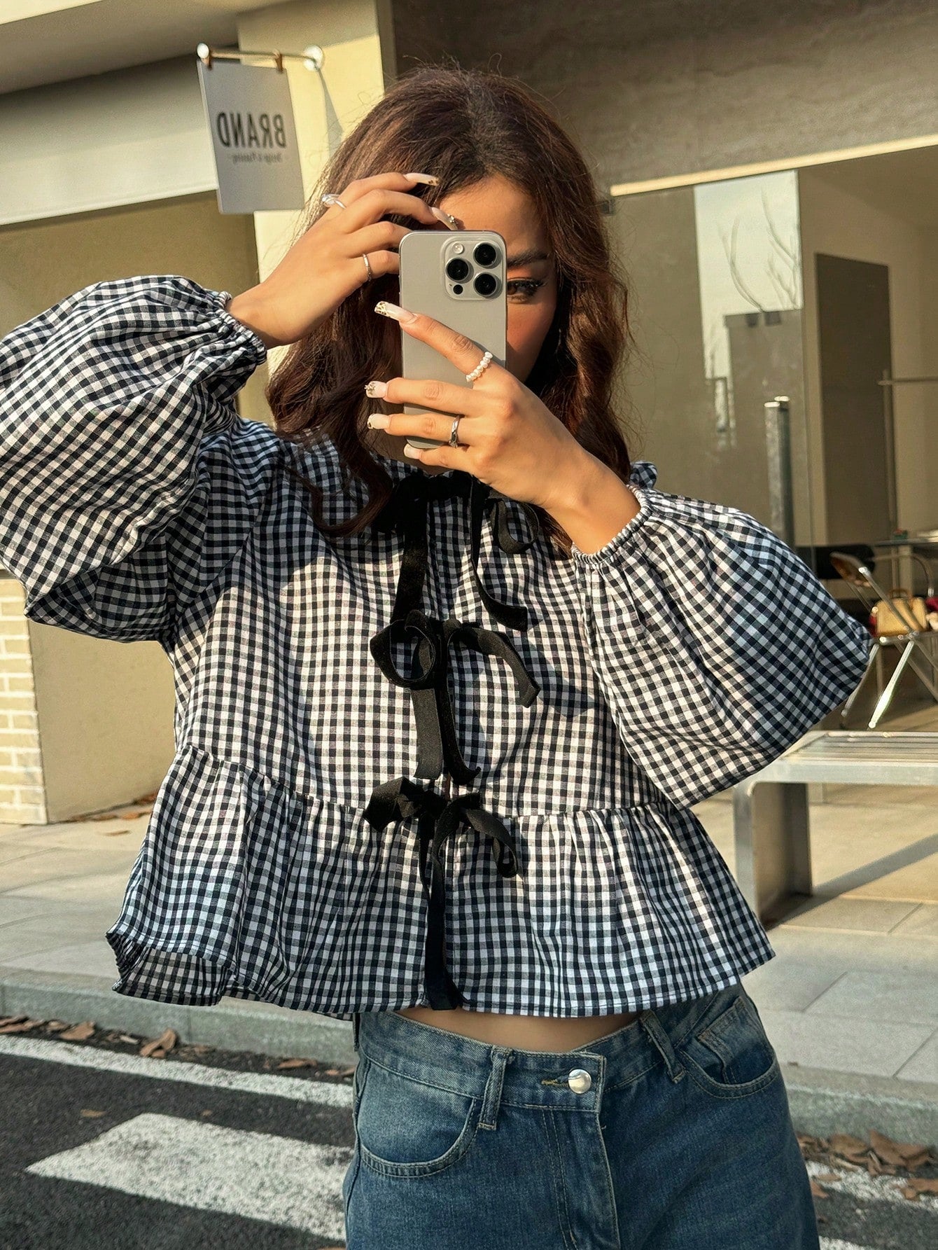 MainGRL 2025 New Arrival Autumn Women's Western Cute Cowgirl Hippie Vintage Round Neck Blouse Everyday Date Black And White Checkered