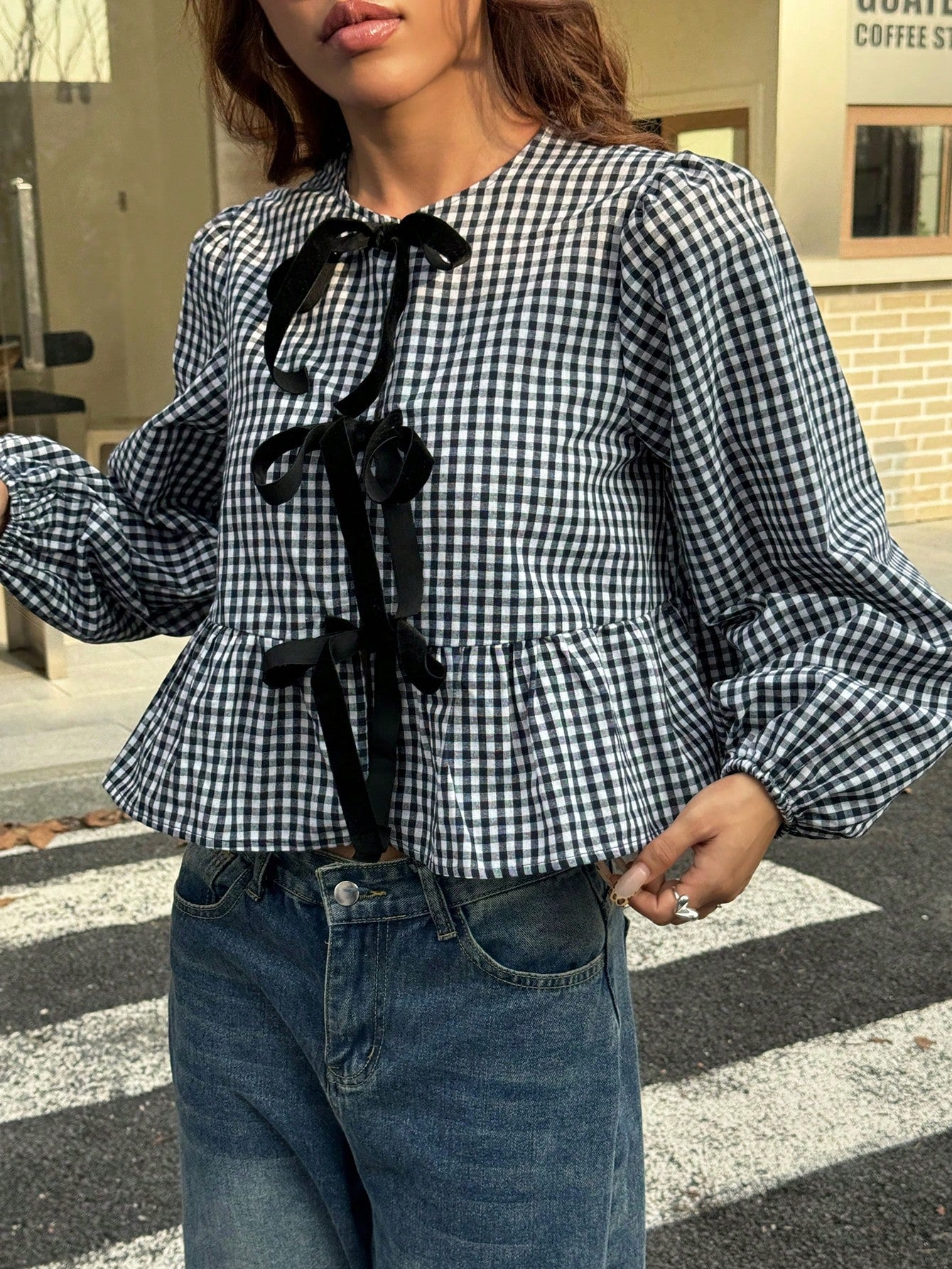 MainGRL 2025 New Arrival Autumn Women's Western Cute Cowgirl Hippie Vintage Round Neck Blouse Everyday Date Black And White Checkered