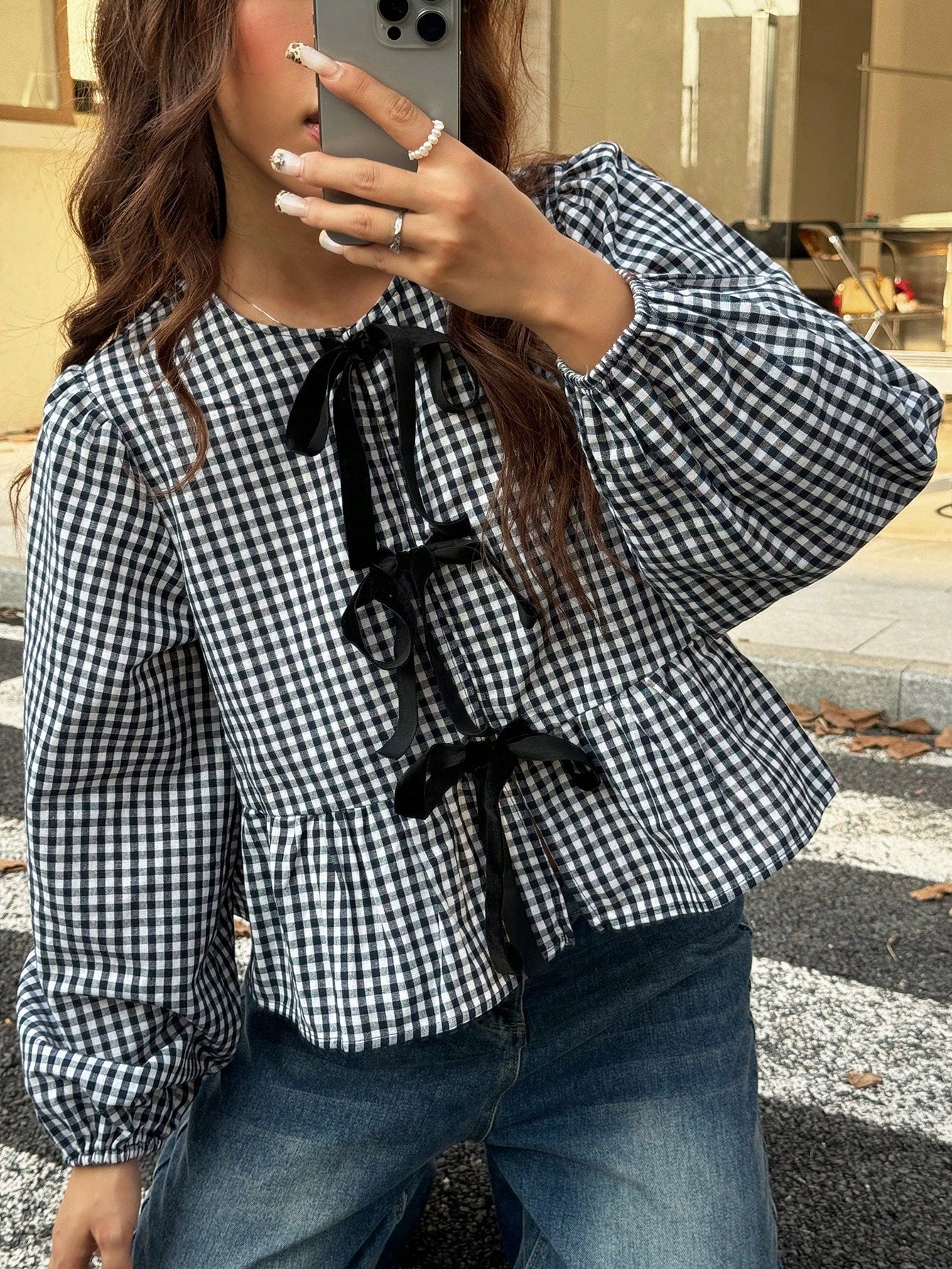 MainGRL 2025 New Arrival Autumn Women's Western Cute Cowgirl Hippie Vintage Round Neck Blouse Everyday Date Black And White Checkered