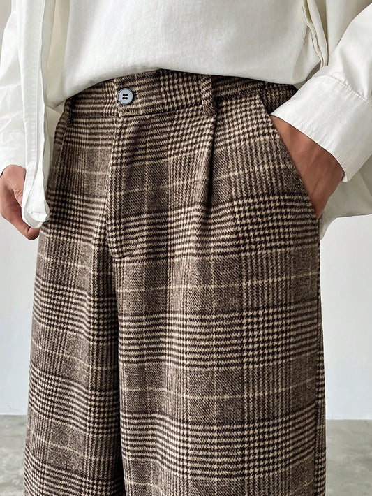 Manfinity Hypemode Men's Brown Plaid Casual Houndstooth Pattern Loose Wide-Leg Suit Pants,Summer Business Casual Office Work Commute Pleated Wide Leg Plaid Pants