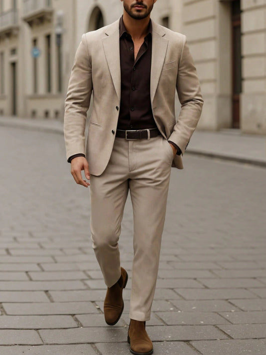 Manfinity Mode Men's Solid Color Lapel Neck Long Sleeve Blazer And Pants Business Suit Set, Formal, Ceremony