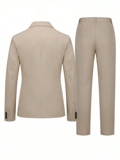 Manfinity Mode Men's Solid Color Lapel Neck Long Sleeve Blazer And Pants Business Suit Set, Formal, Ceremony