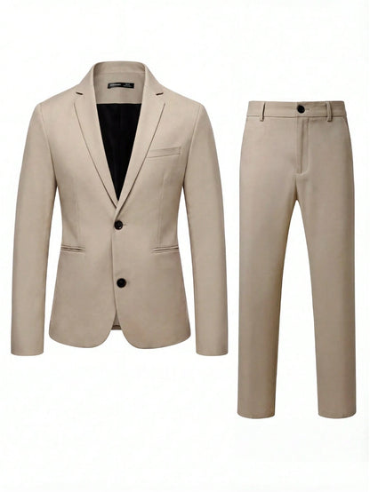Manfinity Mode Men's Solid Color Lapel Neck Long Sleeve Blazer And Pants Business Suit Set, Formal, Ceremony