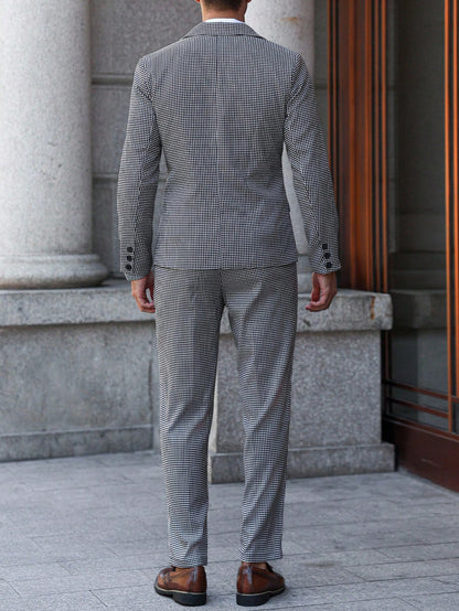 Manfinity Mode Men's Solid Color Lapel Neck Long Sleeve Blazer And Pants Business Suit Set, Formal, Ceremony