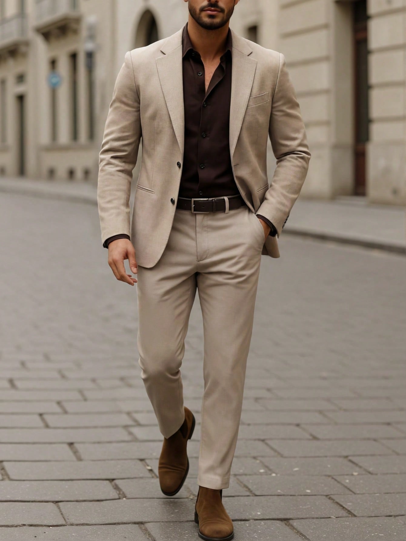 Manfinity Mode Men's Solid Color Lapel Neck Long Sleeve Blazer And Pants Business Suit Set, Formal, Ceremony