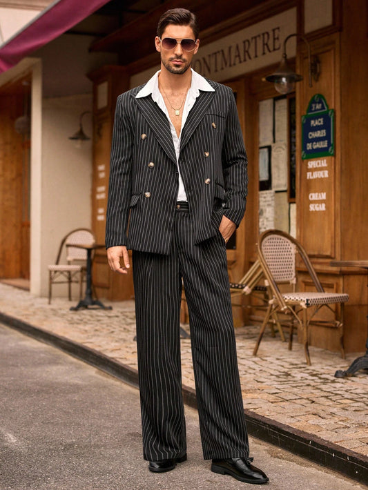 Manfinity VCAY Men's Pinstripe Suit Set,Double-Breasted Lapel Long Sleeve Blazer & Pants,Black And White Checkered,Summer,Classy,Elegant,Evening Party,Italy Vacation