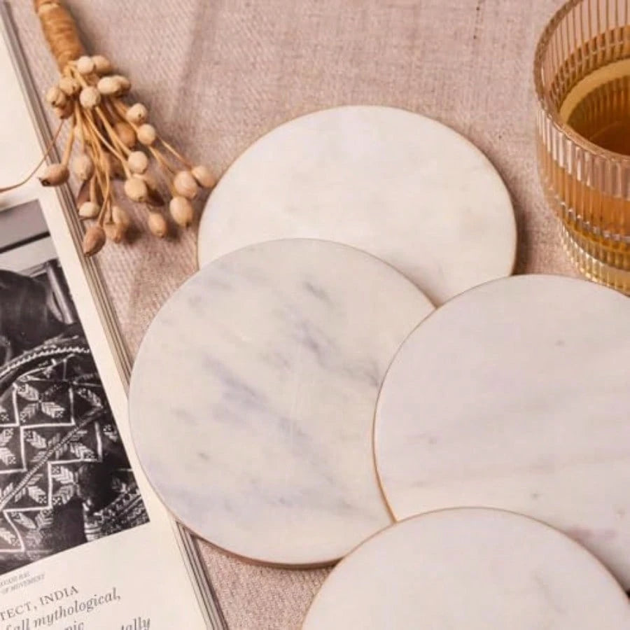Marble Coasters For Drinks Round Natural Stone Drink Coasters For Table Protection Heat Resistant Beverage Coasters For Coffee Wine Water Glasses