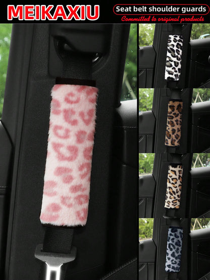 MEIKAXIU 1 Pair Faux Leopard Plush Car Seat Belt Covers, Soft & Delicate, Available In 5 Colors, Women's Accessory,Car Accessories