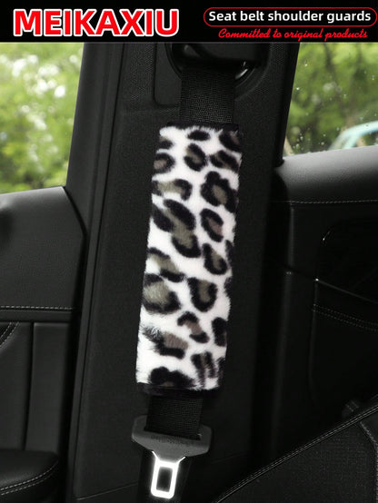 MEIKAXIU 1 Pair Faux Leopard Plush Car Seat Belt Covers, Soft & Delicate, Available In 5 Colors, Women's Accessory,Car Accessories