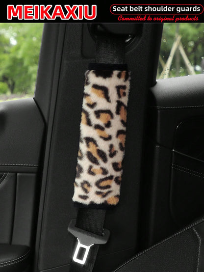 MEIKAXIU 1 Pair Faux Leopard Plush Car Seat Belt Covers, Soft & Delicate, Available In 5 Colors, Women's Accessory,Car Accessories