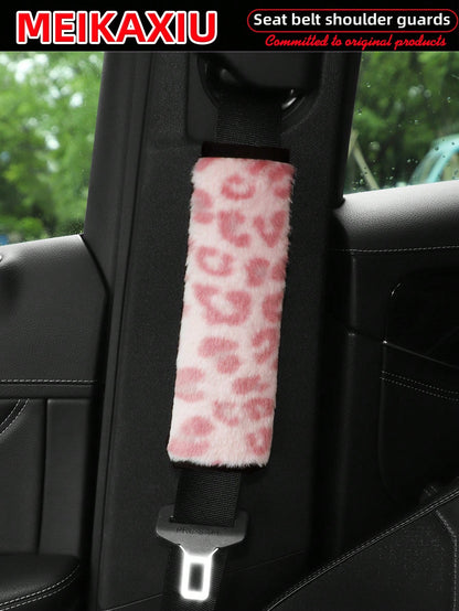 MEIKAXIU 1 Pair Faux Leopard Plush Car Seat Belt Covers, Soft & Delicate, Available In 5 Colors, Women's Accessory,Car Accessories
