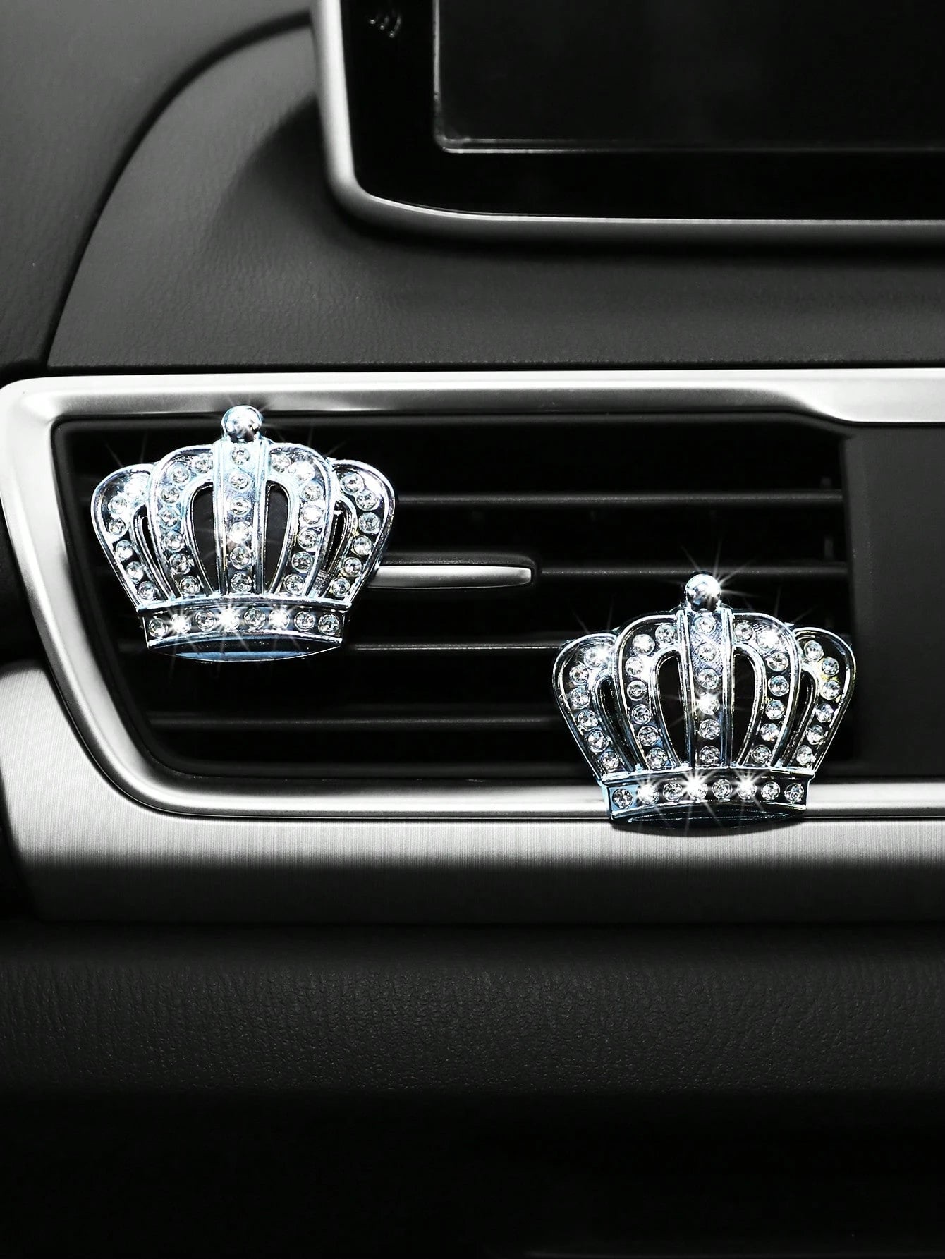 MEIKAXIU 2pcs Car Air Vent Decor Metal Crown Rhinestone Decoration With Fragrance, Unisex Car Interior Accessories