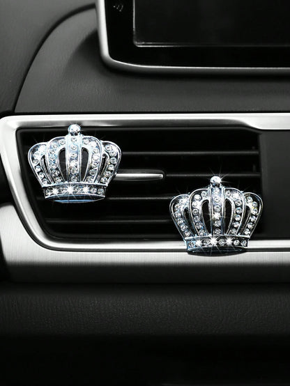 MEIKAXIU 2pcs Car Air Vent Decor Metal Crown Rhinestone Decoration With Fragrance, Unisex Car Interior Accessories