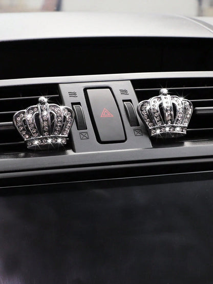 MEIKAXIU 2pcs Car Air Vent Decor Metal Crown Rhinestone Decoration With Fragrance, Unisex Car Interior Accessories