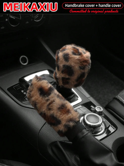 MEIKAXIU Winter Plush Leopard Print Car Handbrake Cover, Gear Shift Knob Cover, Steering Wheel Cover, Car Accessories, For Women