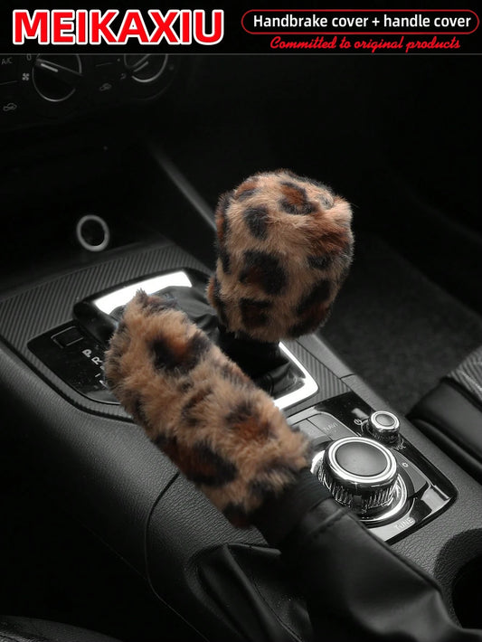MEIKAXIU Winter Plush Leopard Print Car Handbrake Cover, Gear Shift Knob Cover, Steering Wheel Cover, Car Accessories, For Women