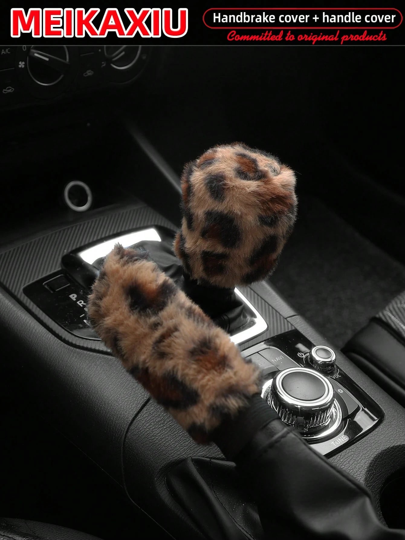 MEIKAXIU Winter Plush Leopard Print Car Handbrake Cover, Gear Shift Knob Cover, Steering Wheel Cover, Car Accessories, For Women