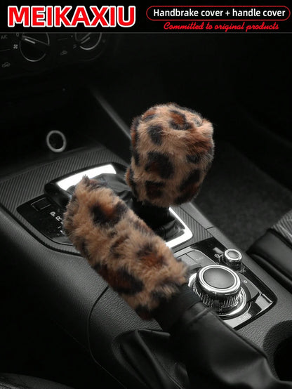 MEIKAXIU Winter Plush Leopard Print Car Handbrake Cover, Gear Shift Knob Cover, Steering Wheel Cover, Car Accessories, For Women