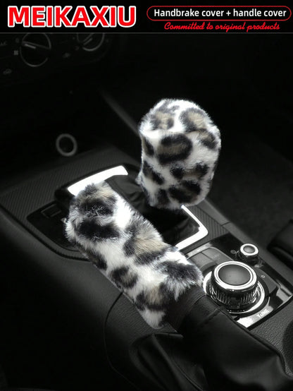 MEIKAXIU Winter Plush Leopard Print Car Handbrake Cover, Gear Shift Knob Cover, Steering Wheel Cover, Car Accessories, For Women