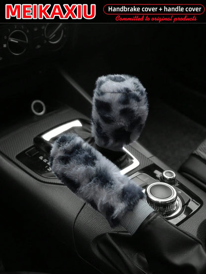 MEIKAXIU Winter Plush Leopard Print Car Handbrake Cover, Gear Shift Knob Cover, Steering Wheel Cover, Car Accessories, For Women