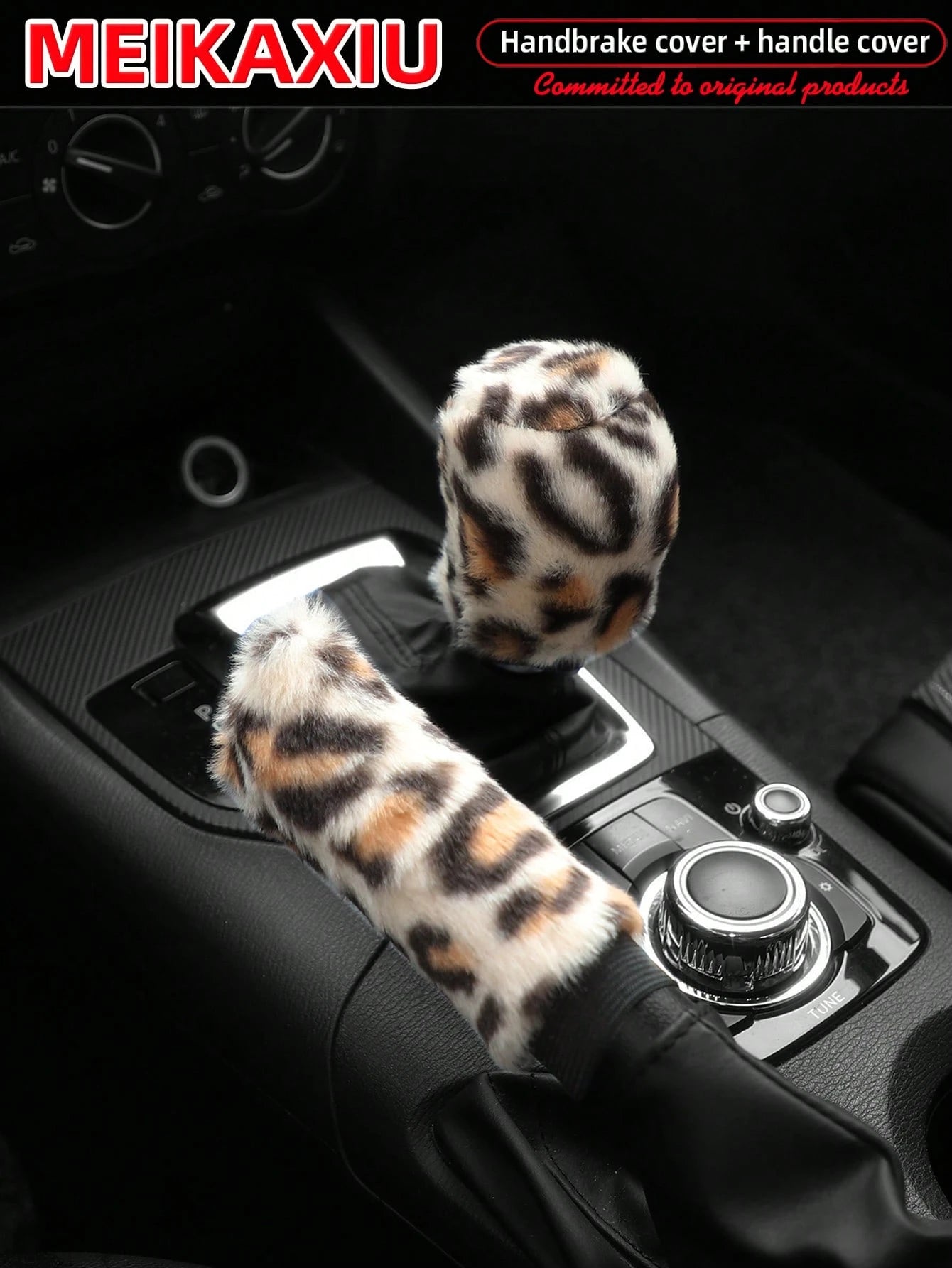 MEIKAXIU Winter Plush Leopard Print Car Handbrake Cover, Gear Shift Knob Cover, Steering Wheel Cover, Car Accessories, For Women