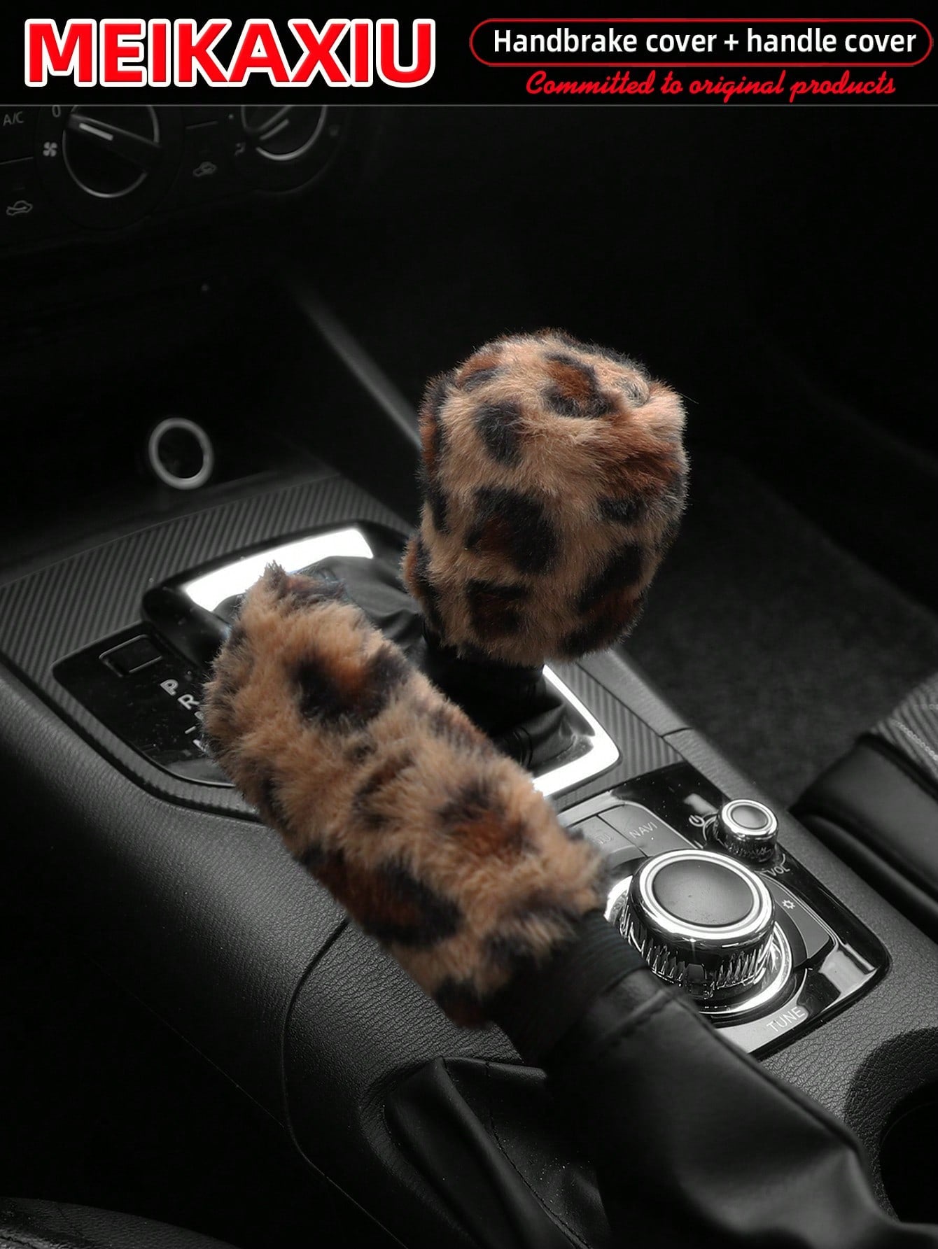 MEIKAXIU Winter Plush Leopard Print Car Handbrake Cover, Gear Shift Knob Cover, Steering Wheel Cover, Car Accessories, For Women