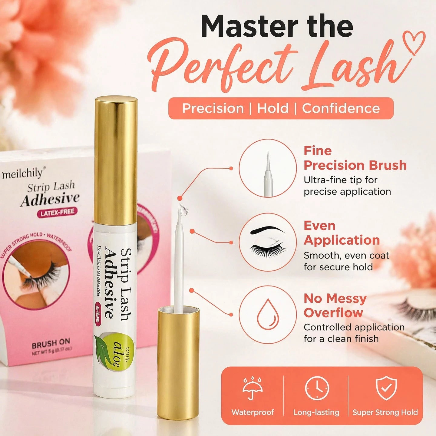 meilchily Hypoallergenic Clear Eyelash Adhesive Glue Infused With Aloe, Formaldehyde & Latex Free Waterproof 24 Hours Hold Brush-On Strip Lash Glue For Sensitive Skin 5g