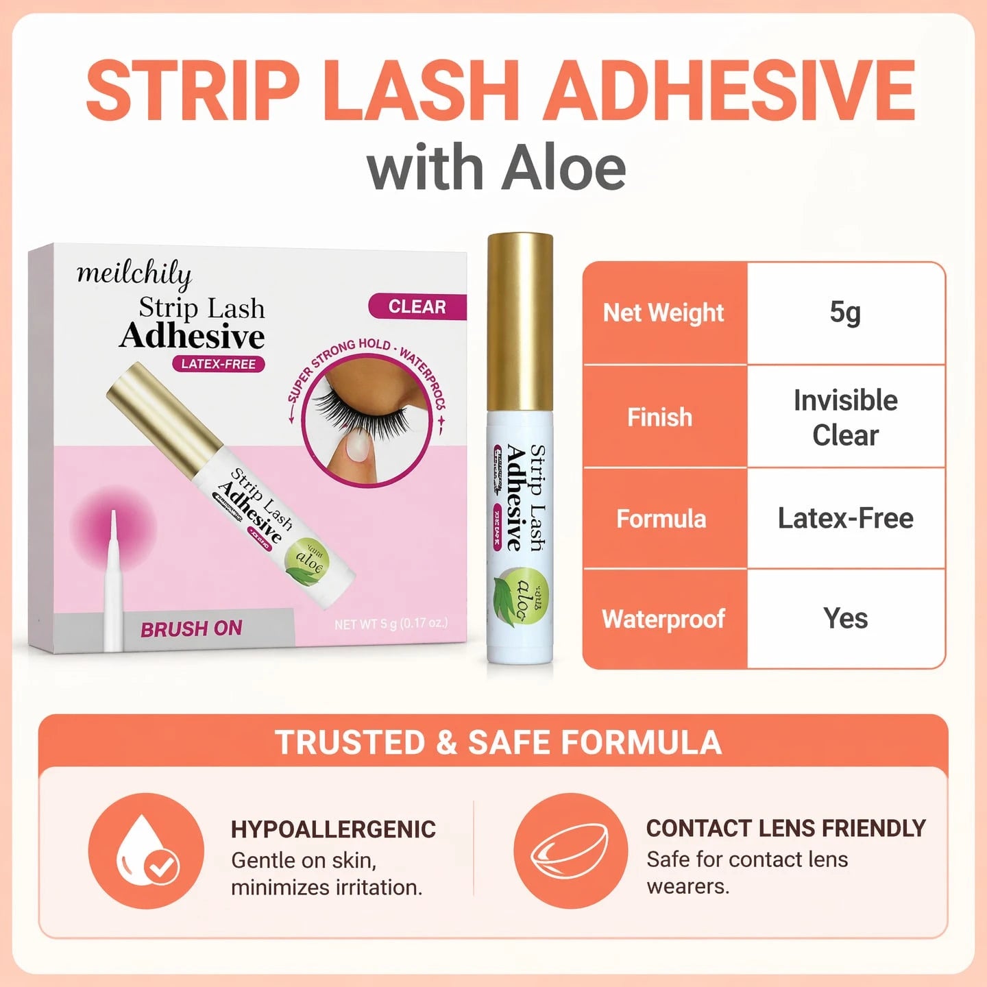 meilchily Hypoallergenic Clear Eyelash Adhesive Glue Infused With Aloe, Formaldehyde & Latex Free Waterproof 24 Hours Hold Brush-On Strip Lash Glue For Sensitive Skin 5g
