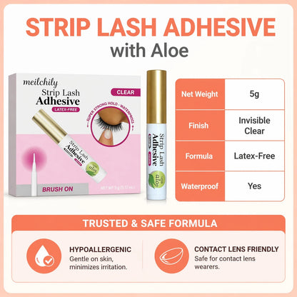 meilchily Hypoallergenic Clear Eyelash Adhesive Glue Infused With Aloe, Formaldehyde & Latex Free Waterproof 24 Hours Hold Brush-On Strip Lash Glue For Sensitive Skin 5g