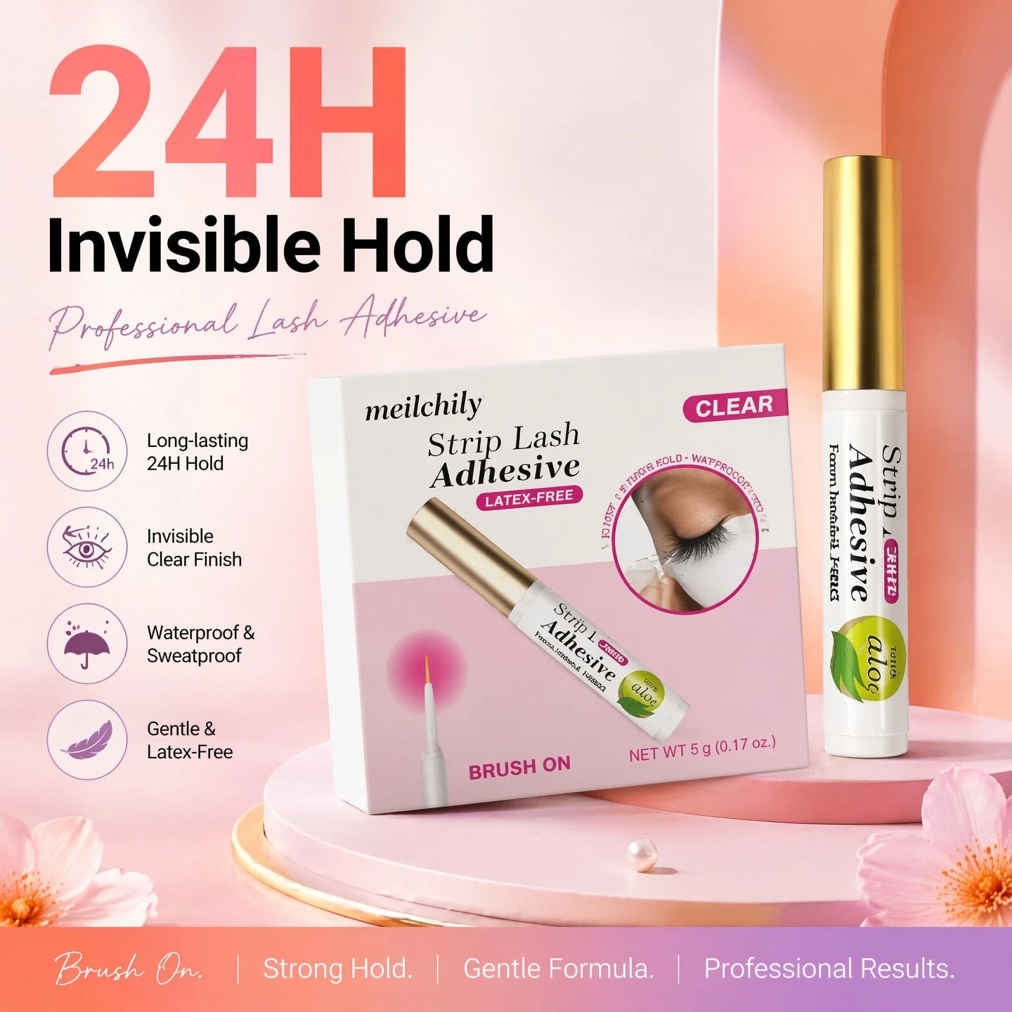 meilchily Hypoallergenic Clear Eyelash Adhesive Glue Infused With Aloe, Formaldehyde & Latex Free Waterproof 24 Hours Hold Brush-On Strip Lash Glue For Sensitive Skin 5g