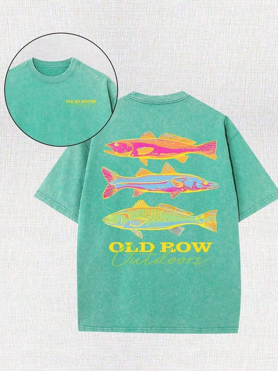 Men's Casual Summer Washed Cotton T-Shirt Old Row Outdoor Fish Print, Round Neck Short Sleeve Lightweight Knitted Fabric, Rib Details 100% Cotton