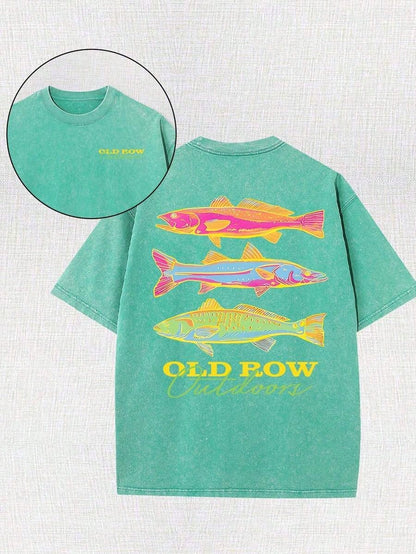 Men's Casual Summer Washed Cotton T-Shirt Old Row Outdoor Fish Print, Round Neck Short Sleeve Lightweight Knitted Fabric, Rib Details 100% Cotton