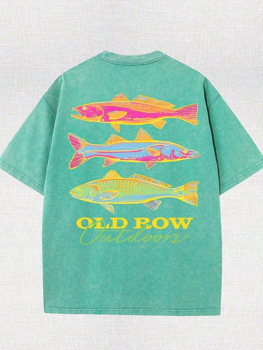 Men's Casual Summer Washed Cotton T-Shirt Old Row Outdoor Fish Print, Round Neck Short Sleeve Lightweight Knitted Fabric, Rib Details 100% Cotton