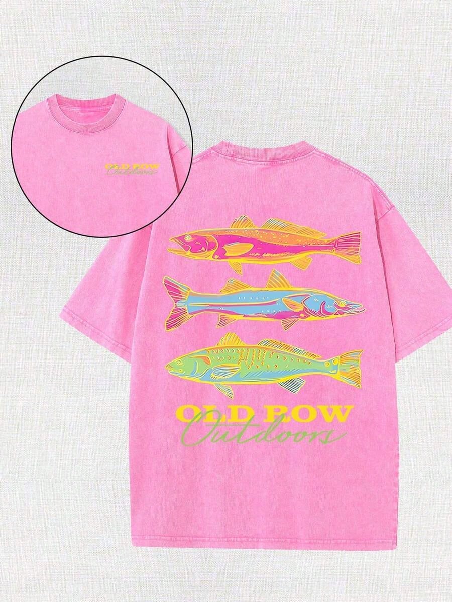 Men's Casual Summer Washed Cotton T-Shirt Old Row Outdoor Fish Print, Round Neck Short Sleeve Lightweight Knitted Fabric, Rib Details 100% Cotton