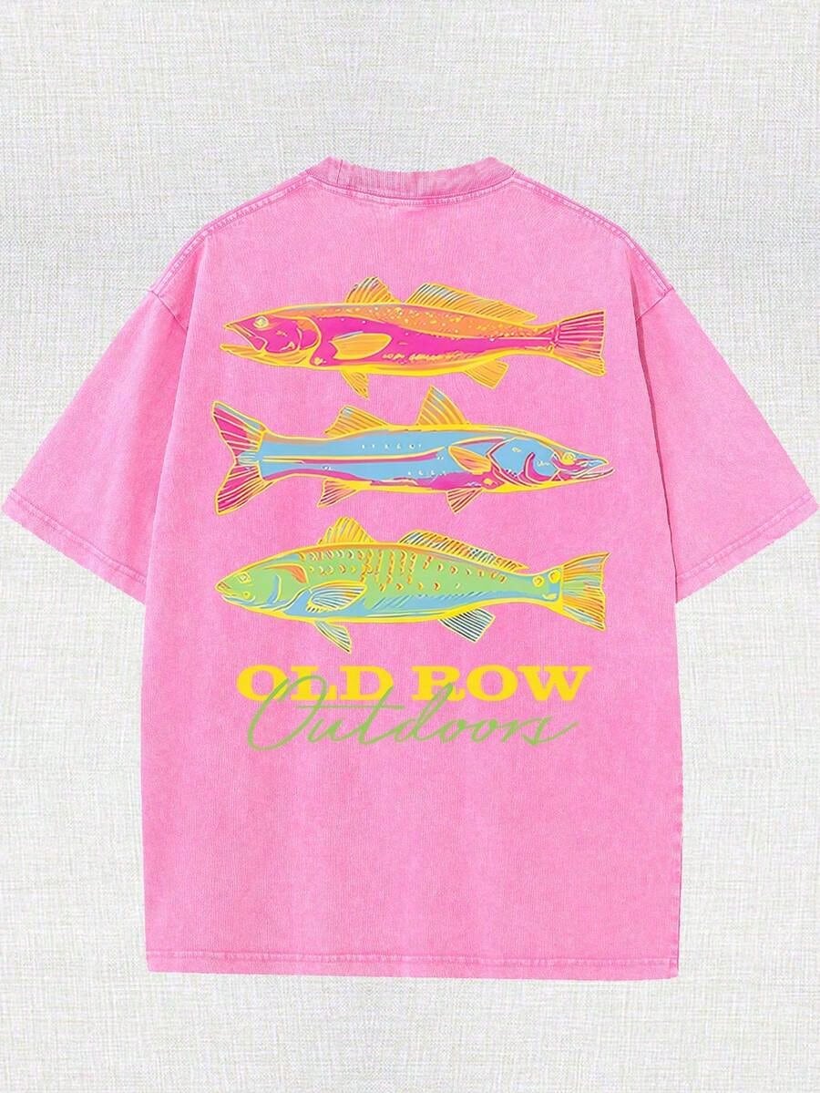 Men's Casual Summer Washed Cotton T-Shirt Old Row Outdoor Fish Print, Round Neck Short Sleeve Lightweight Knitted Fabric, Rib Details 100% Cotton