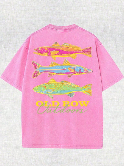 Men's Casual Summer Washed Cotton T-Shirt Old Row Outdoor Fish Print, Round Neck Short Sleeve Lightweight Knitted Fabric, Rib Details 100% Cotton
