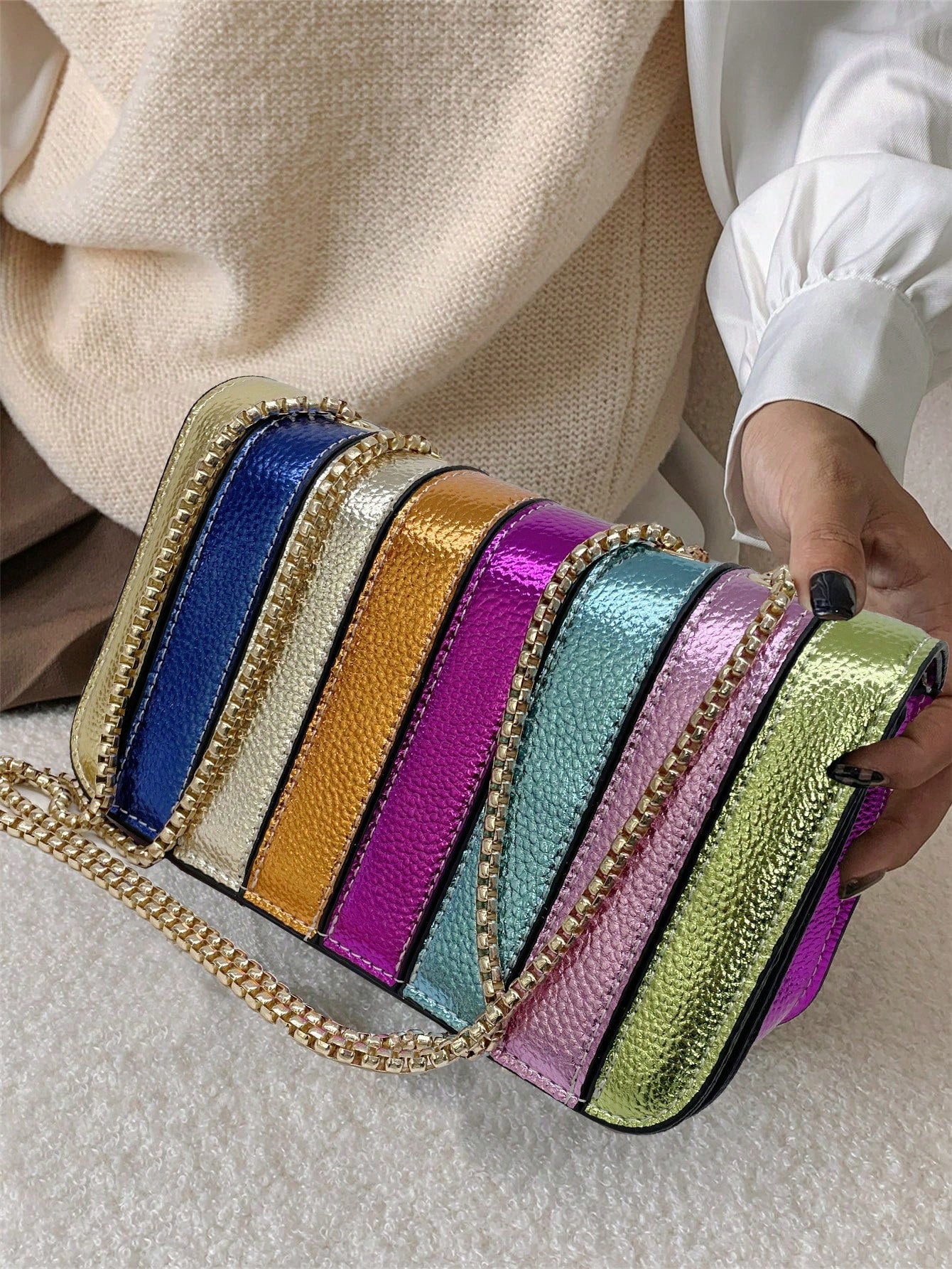 Metallic Litchi Patterned Simple Rainbow Splicing Small Square Bag, Fashionable Personalized Versatile Chain Shoulder & Crossbody Bag For Women, Funky, Punk & Bag For Street Wear, Rainbow Bag