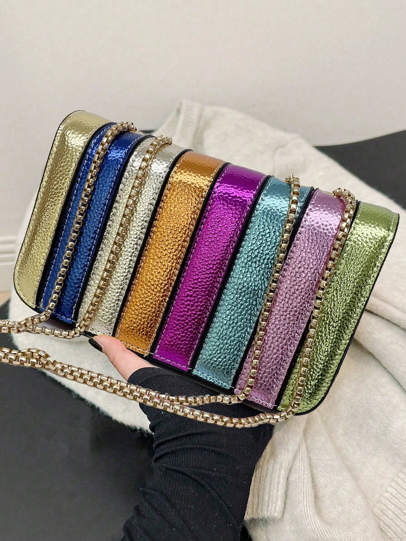 Metallic Litchi Patterned Simple Rainbow Splicing Small Square Bag, Fashionable Personalized Versatile Chain Shoulder & Crossbody Bag For Women, Funky, Punk & Bag For Street Wear, Rainbow Bag