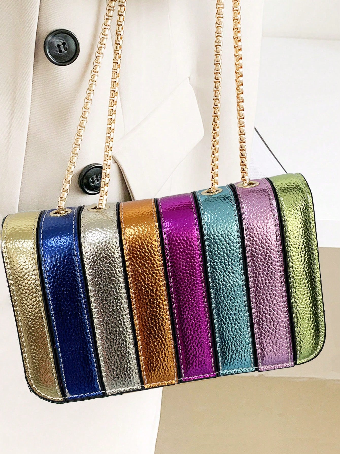 Metallic Litchi Patterned Simple Rainbow Splicing Small Square Bag, Fashionable Personalized Versatile Chain Shoulder & Crossbody Bag For Women, Funky, Punk & Bag For Street Wear, Rainbow Bag